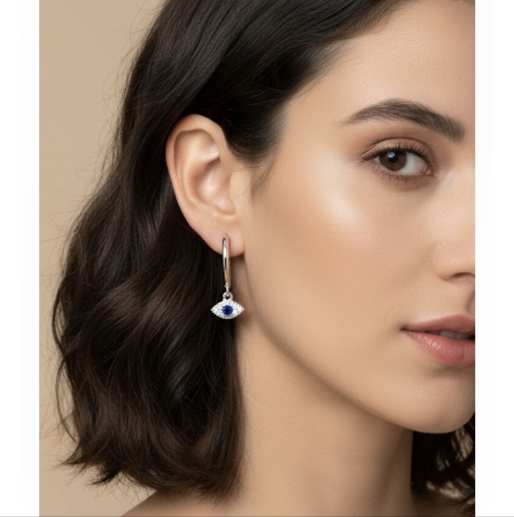 Sold 925 Sterling Silver Evil Eye Cz Minimalist Earrings